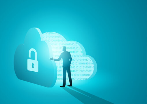 Businessman accessing cloud data, digital technology concept illustration