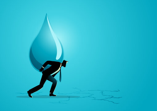 Businessman carrying giant water drop, drought and water crisis concept