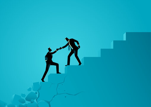 Businessman helping a coworker climb a crumbling stairs, symbolizing teamwork, support, and overcoming challenges.