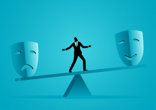Businessman balancing positive and negative emotions, emotional intelligence concept
