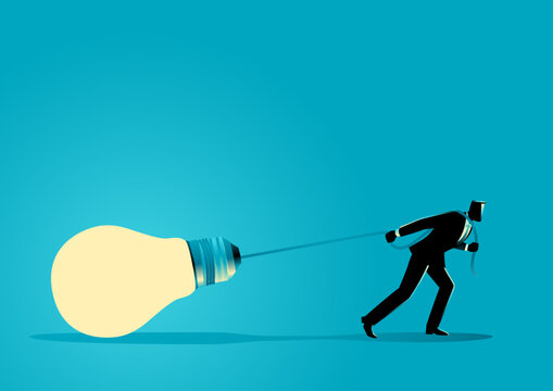 Businessman dragging a giant light bulb, symbolizing innovation pressure, concept illustration.