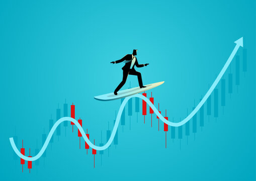 Businessman surfing stock market wave, trading success concept illustration.