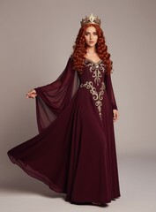 Naklejka premium Woman with long curly red hair wears golden crown, elegant burgundy gown. Stands in full length pose with flowing sleeves, intricate gold embroidery on bodice. Studio background highlights regal