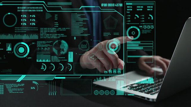 A modern workspace featuring hands typing on a laptop while vibrant data analytics visualizations and statistics charts hover around, illustrating business insights and trends. Cipher