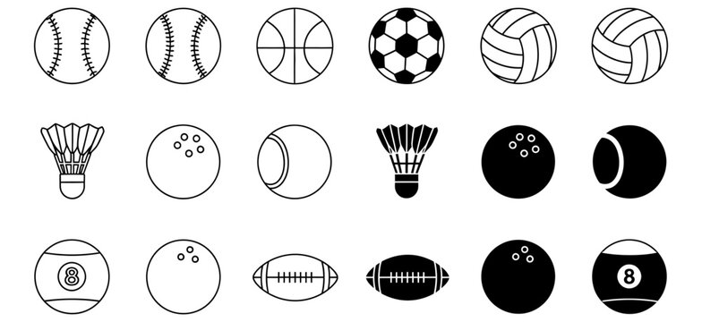 Sports equipment icons collection balls shuttlecocks and pins in black and white