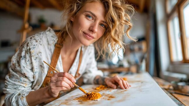 A creative artist is working intently on a piece of artwork in a cozy studio setting, showcasing her passion for art and self-expression during the creative process.