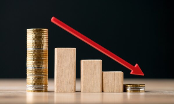 Financial Decline Concept: Coins and Wooden Blocks with Red Arrow Down