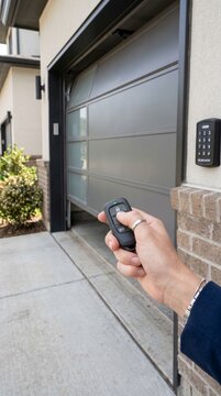 Person opening a modern garage door with a remote control and keypad entry