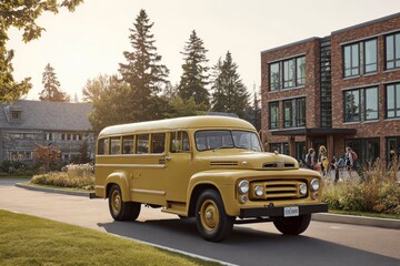 Obraz premium Vintage Yellow School Bus Parked in Front of Modern Architecture