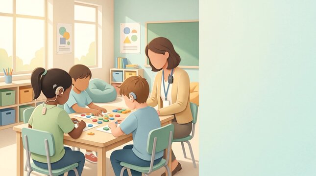 Inclusive education classroom with deaf children wearing hearing aids and cochlear implants learning with teacher