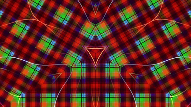 Vibrant plaid pattern creates symmetrical abstract design with colorful geometric shapes and lines.