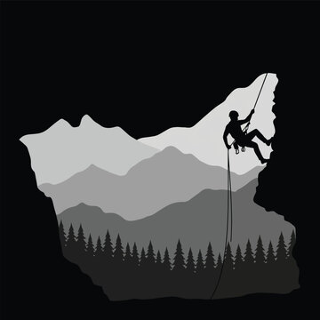 Rock climber silhouette rappelling down a cliff with minimalist mountain landscape, pine forest, and yellow sun. Flat vector illustration for outdoor adventure designs