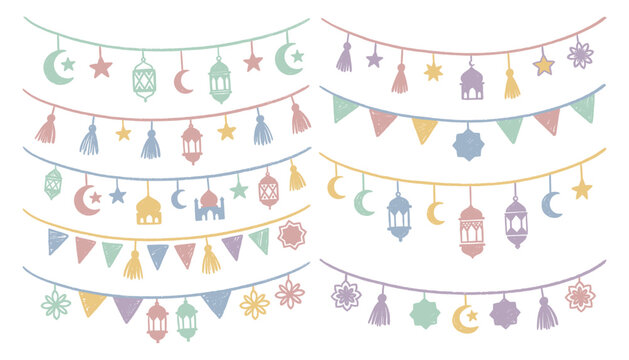 Various hanging festive garlands with lanterns crescents and tassels in chalk style vector designs.