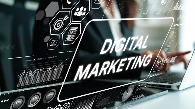 Professional Workspace Capturing Digital Marketing Concept with Overlay Graphics and Business Data Analysis. Asymptotic smart data analytic.