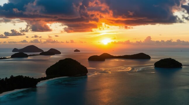 Aerial view of tropical islands at sunset. Calm ocean water reflects golden sky with clouds. Lush green islands dot the sea creating a paradise landscape for travel and vacation.
