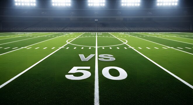 American football field with 50 yard line and stadium seating