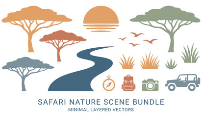 Naklejka premium Minimalist Vector Safari Nature Elements for African Adventure. Flat Design Graphic Set Featuring Trees, Wildlife, Travel Icons, Sun, and Landscape