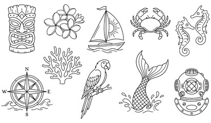 Obraz premium Set of nautical and tropical themed vector illustrations including a tiki mask, coral, compass, parrot, sailboat, mermaid tail, crab, seahorse, and diving helmet