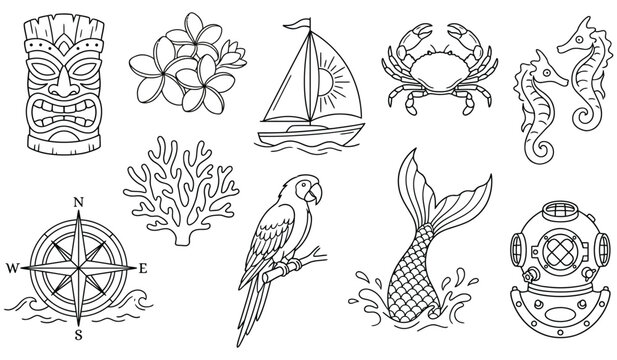 Set of nautical and tropical themed vector illustrations including a tiki mask, coral, compass, parrot, sailboat, mermaid tail, crab, seahorse, and diving helmet