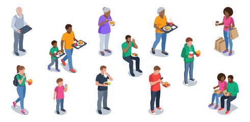 Fototapeta premium Isometric people eating at a food court | Diverse multiethnic characters carrying trays and fast food | Vector illustration