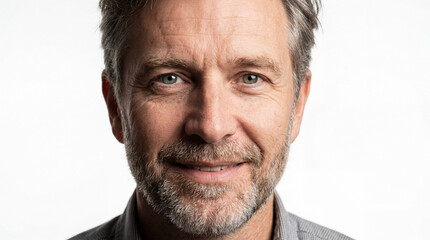 Fototapeta premium Close-up Portrait of a Mature Caucasian Man with Grey Beard and Blue Eyes Smiling against a White Studio Background