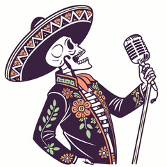 Obraz premium Skeletal mariachi singer with microphone and ornate sombrero a colorful vector illustration skeleton skull musician vocalist