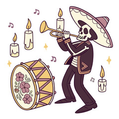 Mariachi skeleton drummer playing trumpet with candles and floral ornaments vector illustration calavera day dead dia © shahin11