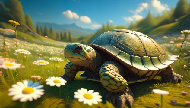 a tortoise with a small patch of grass and daisies growing on its shell walking on a grass field full of flowers