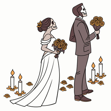 Skeletal bride and groom holding marigold bouquets stand facing each other vector illustration skeleton couple marriage