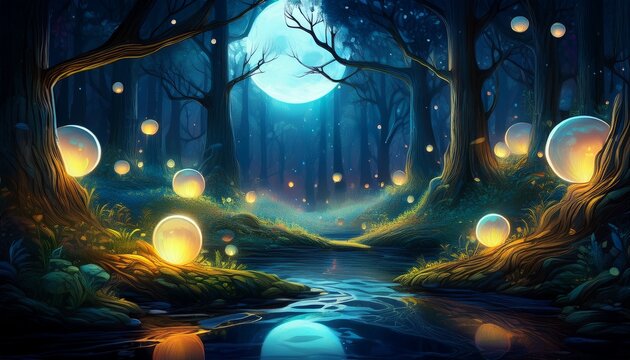 enchanting moonlit forest with glowing orbs
