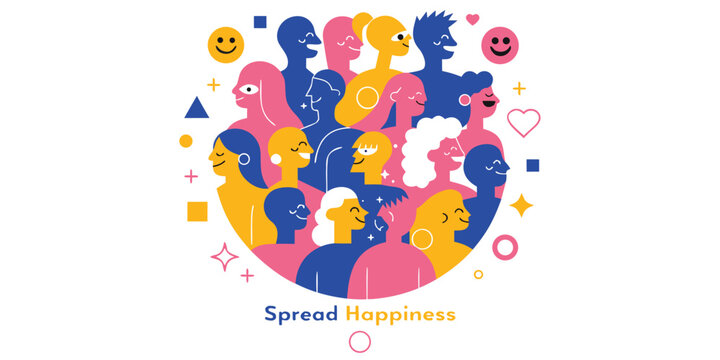 Spread happiness concept illustration with group of diverse people faces and colorful abstract elements.