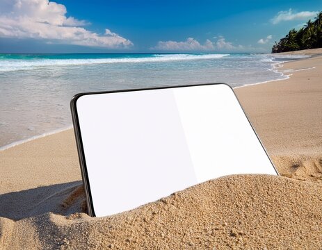 an iphone mockup with a white screen lying on a sandy beach