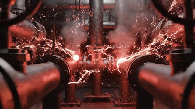 Industrial steel pipes and valves in a power plant interior.