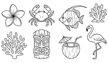 Hand Drawn Tropical Island Getaway Outline Vector Icons Featuring Plumeria, Crab, Fish, Tiki Mask, and Flamingo Collection © Pronob Kumar Ray
