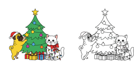 Fototapeta premium Christmas Coloring Page and Color Illustration of Cute Pug and White Cat Decorating Xmas Tree with Gifts and Lights