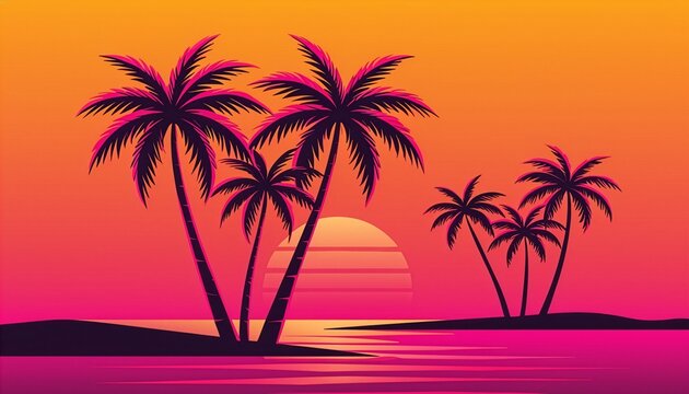 Retro wave background with palm tree silhouettes neon sunset and tropical beach resort　鮮やかな夕日とヤシの木のシルエットが美しいレトロフューチャーな夏の風景背景　イラスト