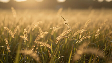 Fototapeta premium Golden light bathes tall grasses in soft warmth. Each blade sways gently, catching the sun's glow. Blurred background hints at a quiet, sun-drenched field