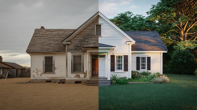 Split view of a dilapidated old house transformed into a fully renovated modern home with real estate house improvement abandoned house