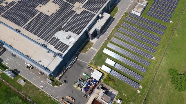 Aerial view of a modern green factory using clean solar energy