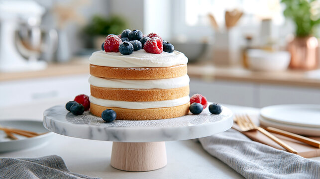 Homemade layered sponge cake with cream frosting and fresh berries on kitchen table