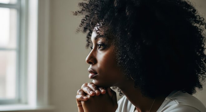 Pensive Young Black Woman Looking Out Window, Deep in Thought and Contemplation at Home