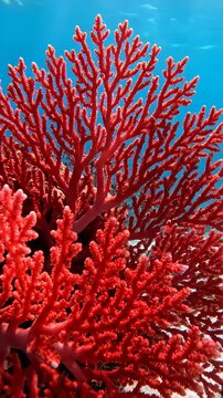 Deep underwater macro, highly intricate, beautifully branching bright red ocean coral gently swaying in a completely clear, sunlit tropical marine environment, 4k.