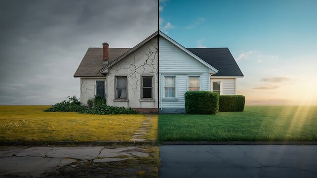 Side-by-side comparison of a neglected weathered house and a well-maintained inviting home real estate renovation restoration transformation
