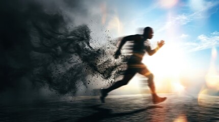 Obraz premium Silhouette of a man running away from a dark smoke cloud, representing overcoming addiction and illicit trafficking, symbolizing recovery and a healthy lifestyle choice.