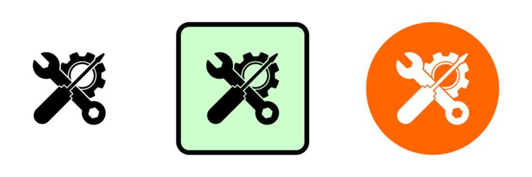 Universal garage workshop badge collection featuring precision fixing tool graphic. | Industrial maintenance emblem set with vertical screwdriver and mechanical gear.