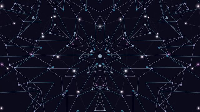 A network of interconnected lines and dots forms a complex pattern on a dark background.