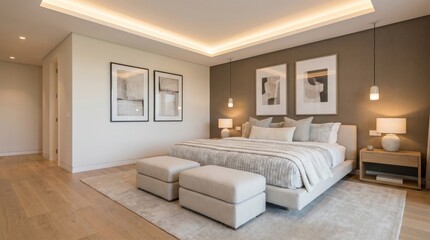 Fototapeta premium Modern bedroom interior with large comfortable bed and abstract art