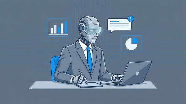AI robot business man in suit working on laptop with digital data charts and analytics symbols at office desk