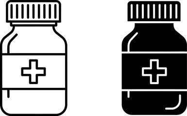 Fototapeta premium Two medicine bottles with cross symbol in outline and solid black against white background