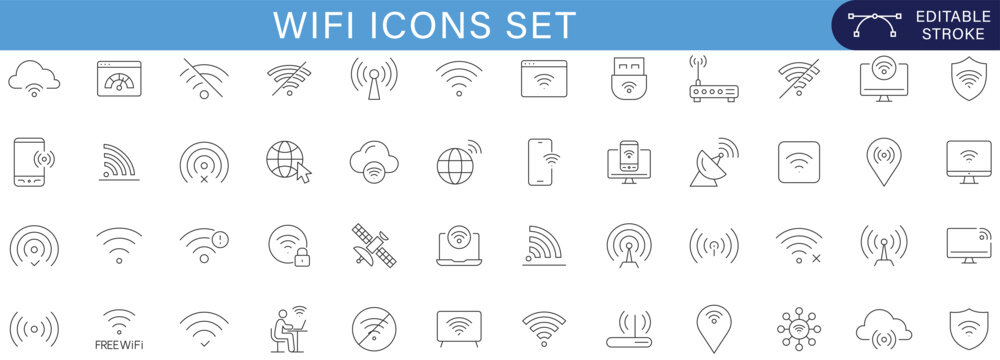 Modern Wifi Icons Set Collection with Wireless Network Connectivity Symbols for Internet Router Signal Hotspot Technology Communication Devices Outline Vector Illustration editable stroke